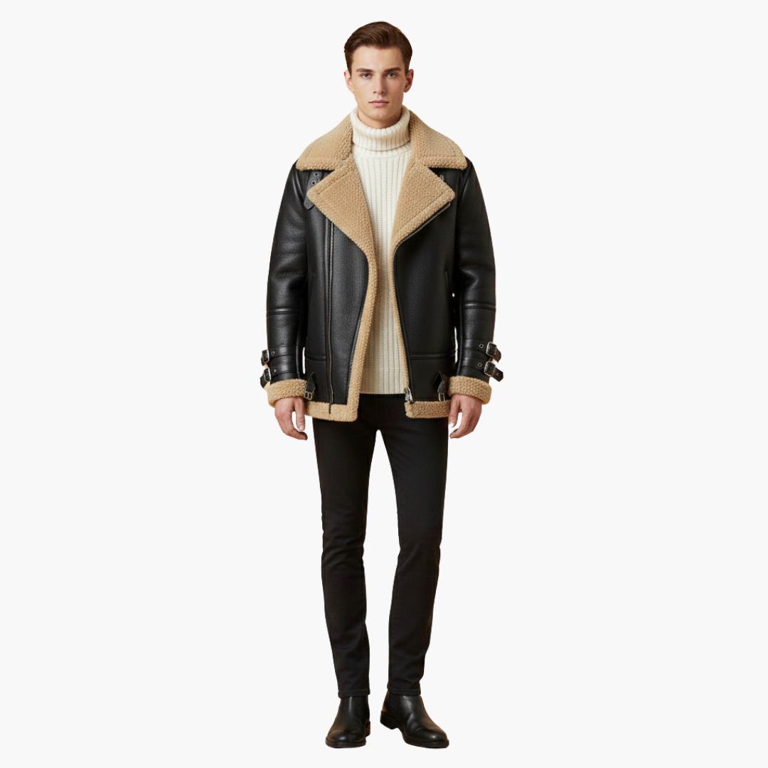 Men's Aviator Jacket with Full Zip Front - Wide Shearling Collar