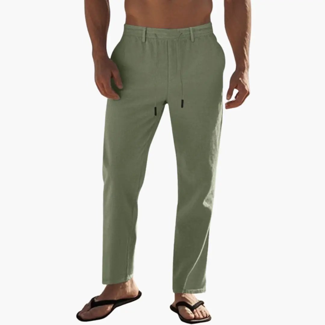 Men’s beach trousers in olive green with elastic waist and drawstring, boardshorts style