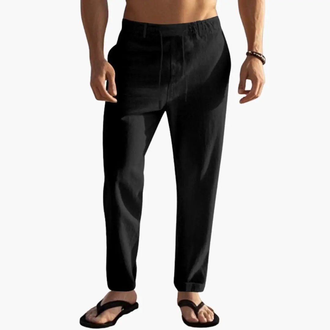 Men’s beach trousers with elastic waist and drawstring, black boardshort-style lightweight pants.
