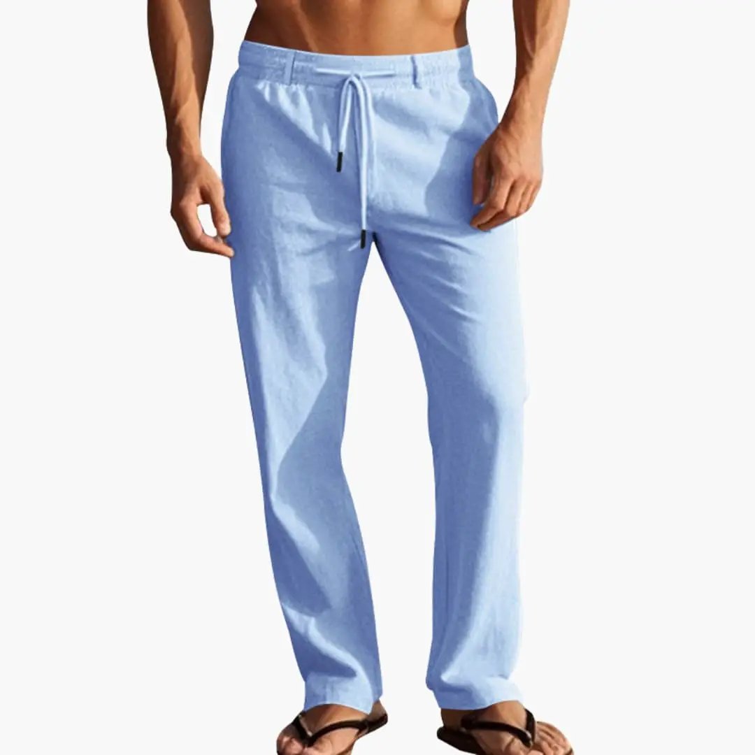Men's beach trousers with elastic waistband and drawstring, light blue boardshorts style