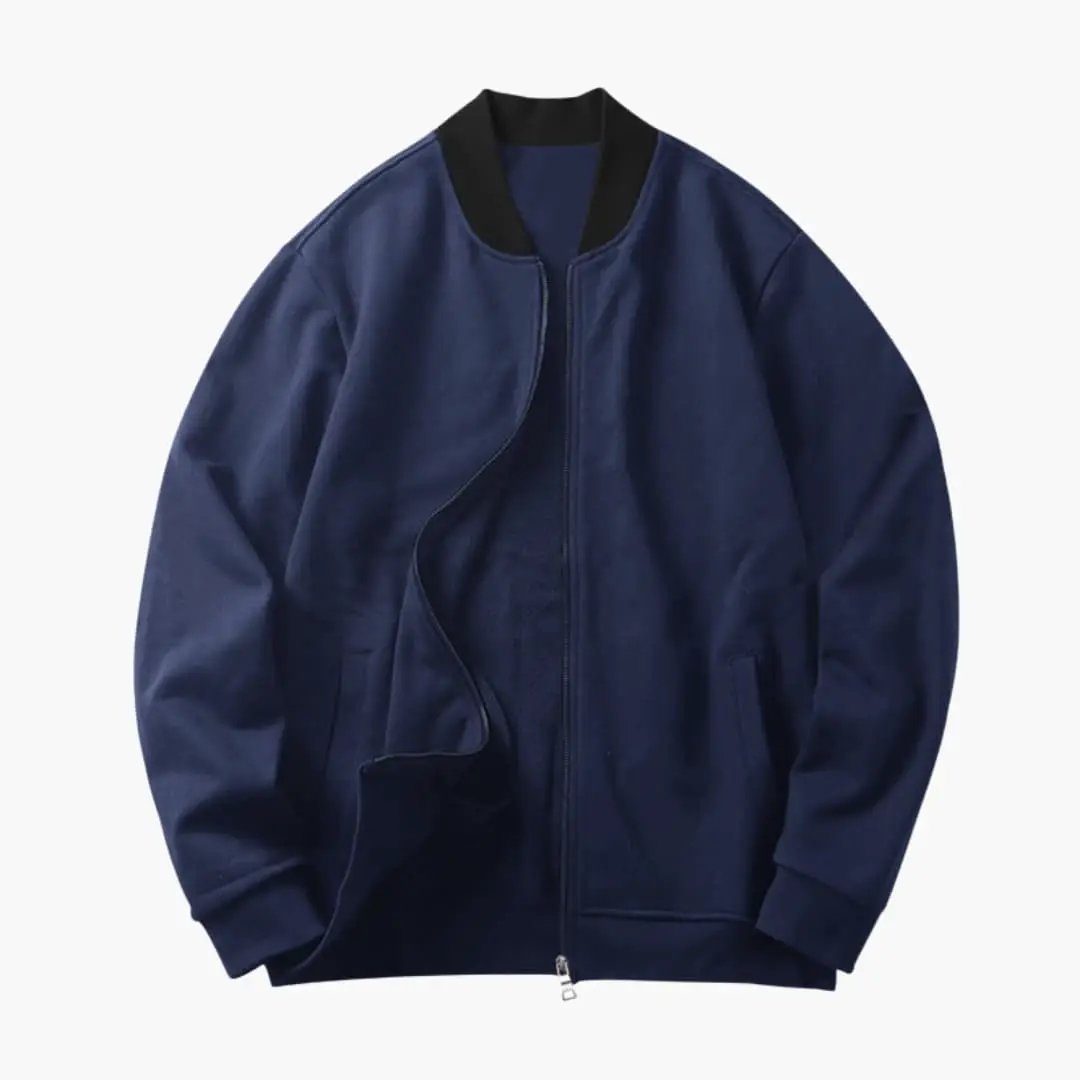 Men’s bomber jacket, navy blue, zip front, black ribbed collar
