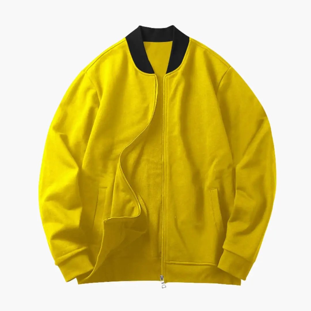 Men’s bomber jacket bright yellow with black ribbed collar, concealed zipper, elastic cuffs, and front pockets