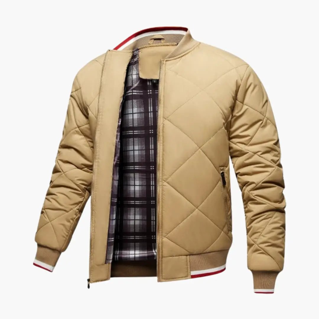 Men’s bomber jacket in tan quilted diamond pattern with zipper and plaid lining Wilfred Smith