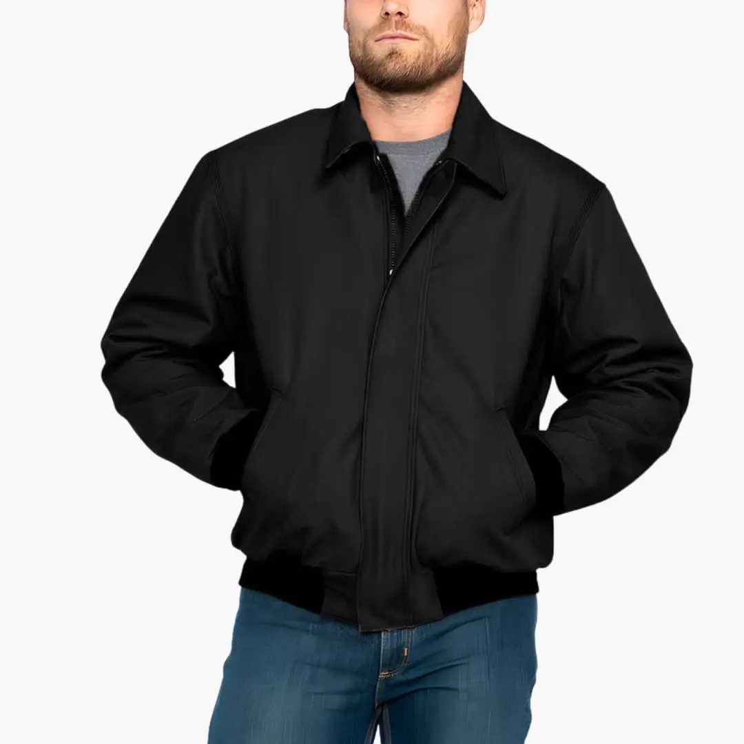 Men's Bomber Jacket by Wilfred Smith in black with front zip, elastic cuffs, and side pockets
