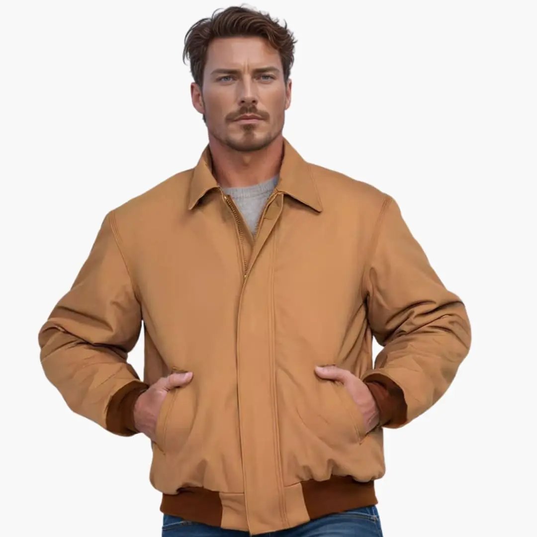 Men’s bomber jacket in tan with front zip, elastic cuffs, and side pockets