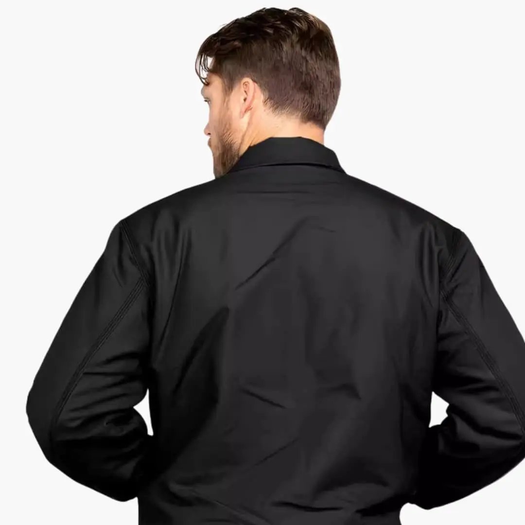 Men's Bomber Jacket in black with front zip, elastic cuffs, and side pockets.