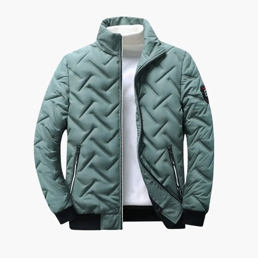 Men’s bomber jacket by Wilfred Smith with zip front, teal quilted pattern and side pockets