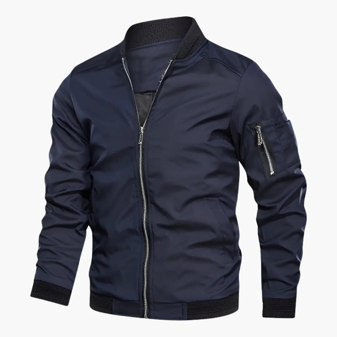 Men’s bomber jacket, navy, long sleeves, zip front, ribbed cuffs and hem, zip sleeve pocket.
