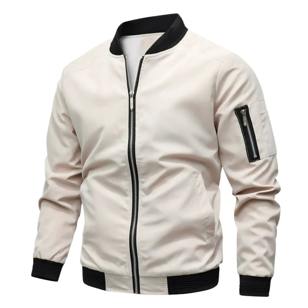 Men’s bomber jacket by Wilfred Smith; light beige with black ribbed collar, cuffs, and hem, front zip.