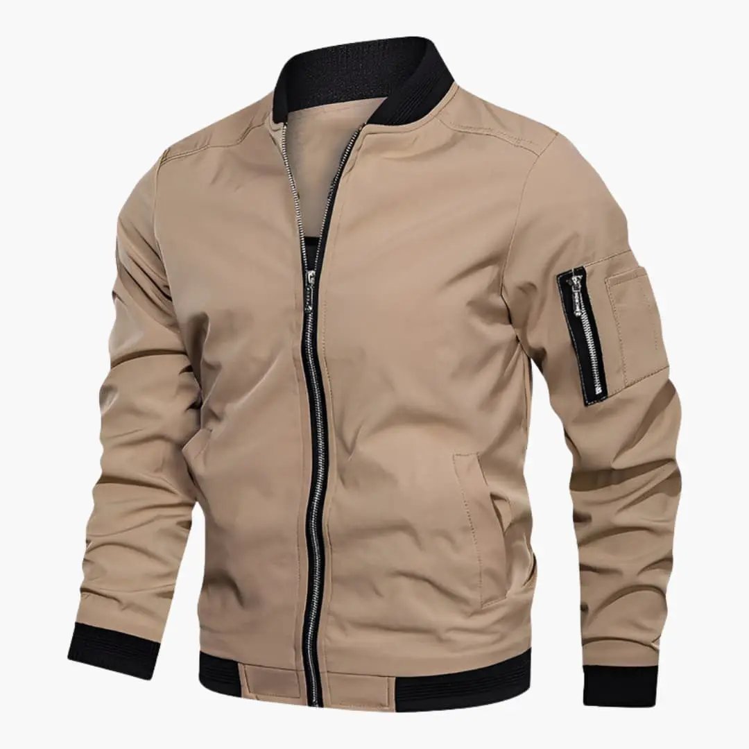 Men’s bomber jacket by Wilfred Smith in tan with black ribbed cuffs and zip front