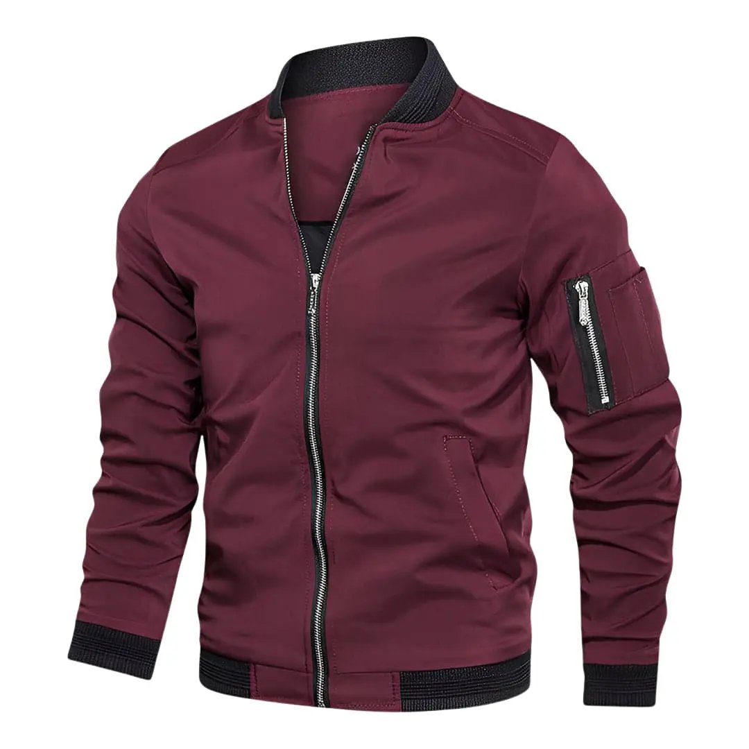 Men's burgundy bomber jacket with front zip, long sleeves, ribbed cuffs and hem, plus a zip sleeve pocket.