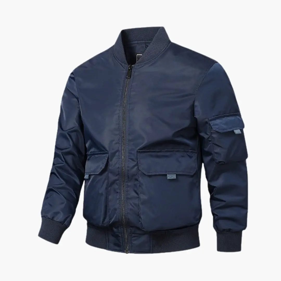 Men’s bomber jacket in navy with patch pockets and elastic cuffs