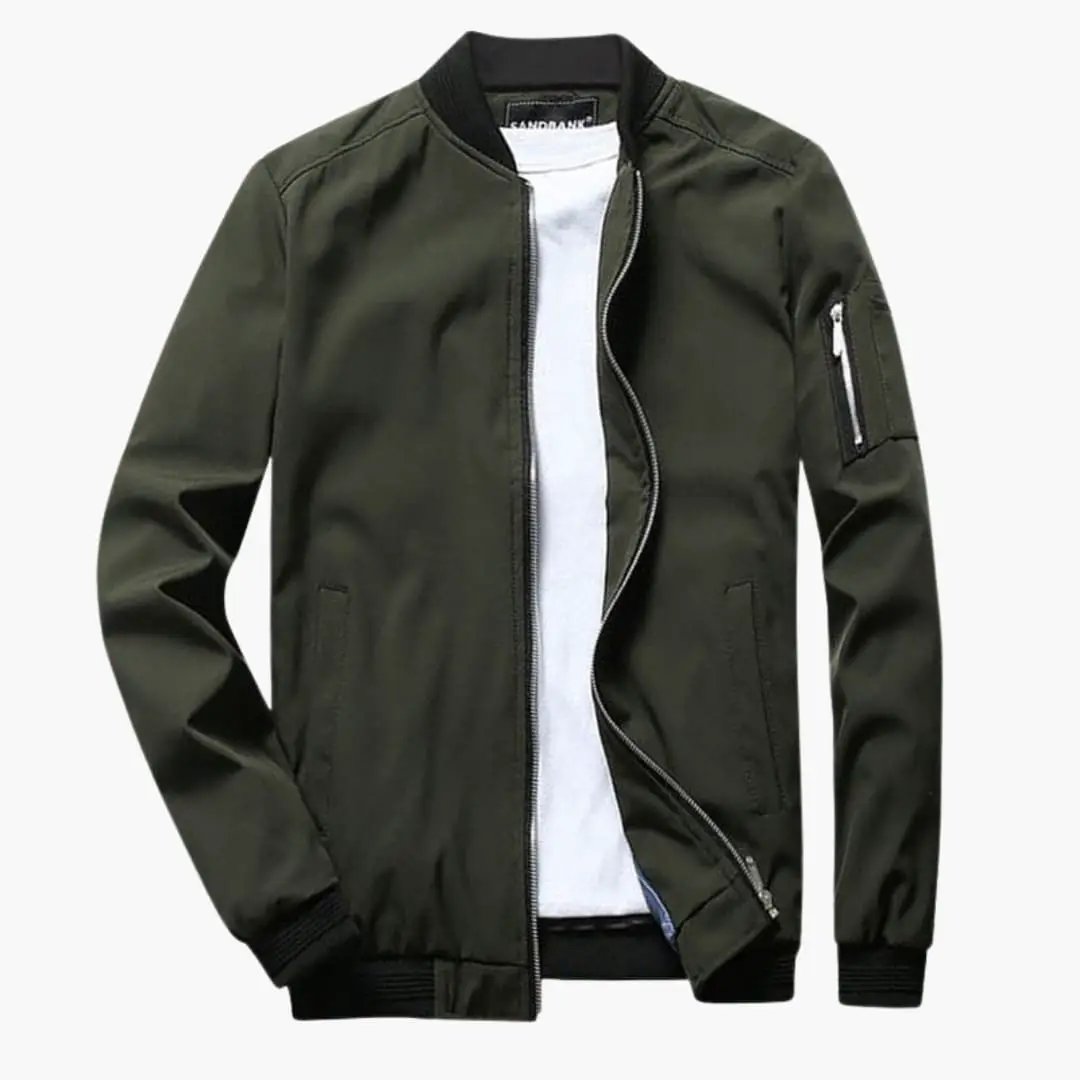 Men's bomber jacket by Wilfred Smith in olive green with ribbed cuffs and zip pockets