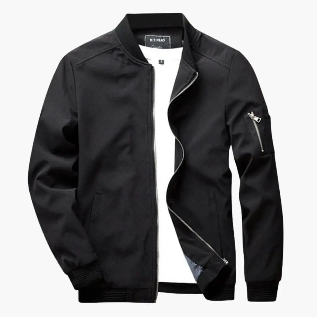 Men's bomber jacket by Wilfred Smith in black with ribbed cuffs and zippered sleeve pocket