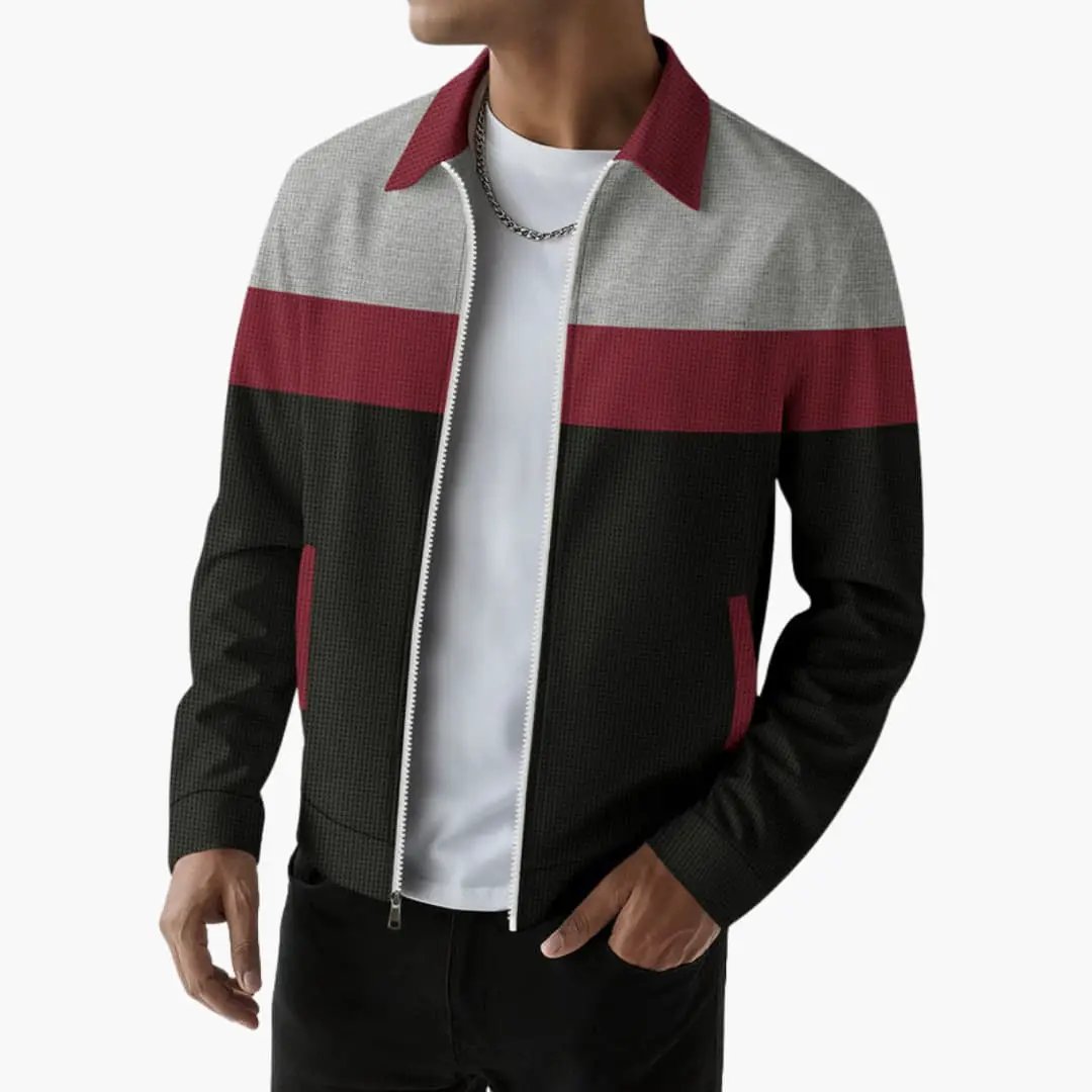 Men’s bomber jacket with textured panels; gray top, maroon stripe, black body, zip-front