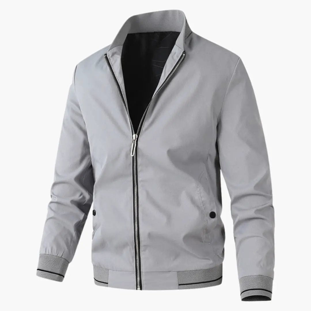 Men’s bomber jacket in light gray with zip front, ribbed cuffs and hem