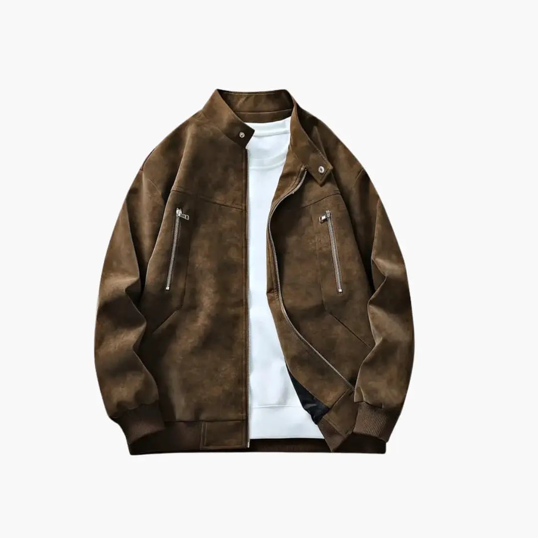 Men’s bomber jacket in brown suede with zip-front, two chest zip pockets, ribbed cuffs.