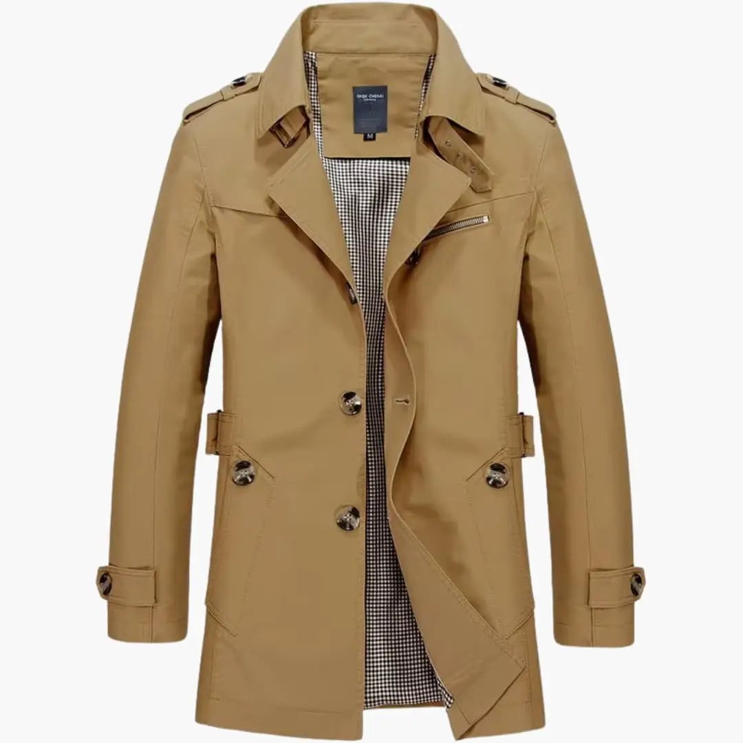 Men’s Wilfred Smith tan trench coat with long sleeves, button front, and checkered lining.