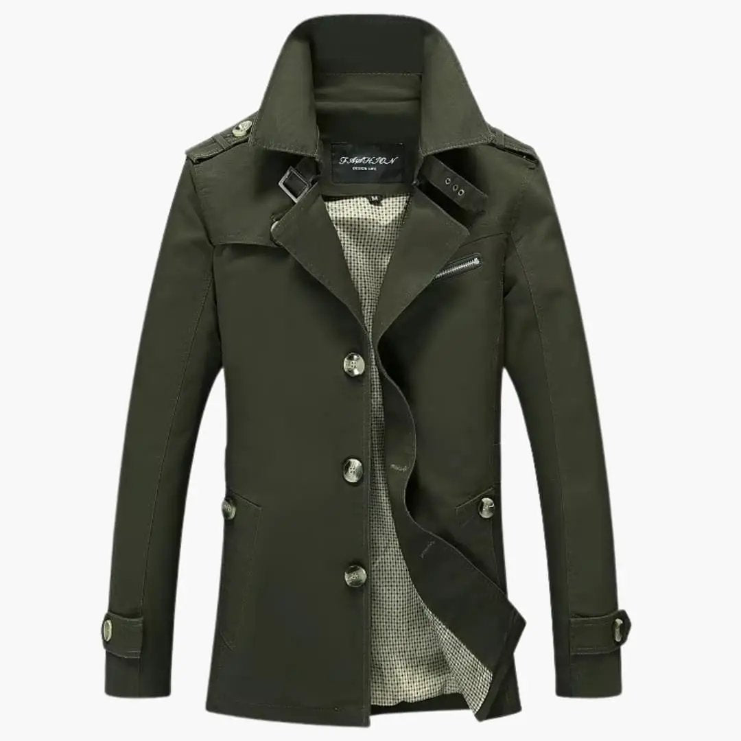Men's Button Front Trench Coat in olive green by Wilfred Smith, long sleeves, checkered lining.