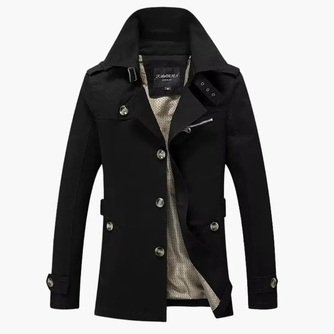 Men’s Button Front Trench Coat by Wilfred Smith in black with beige lining and long sleeves