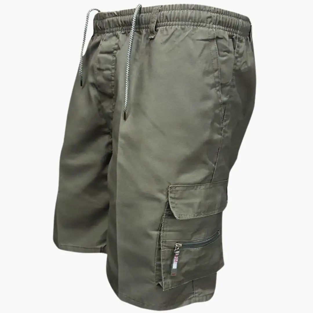 Men's knee-length cargo shorts by Wilfred Smith with drawstring and flap pockets, olive green