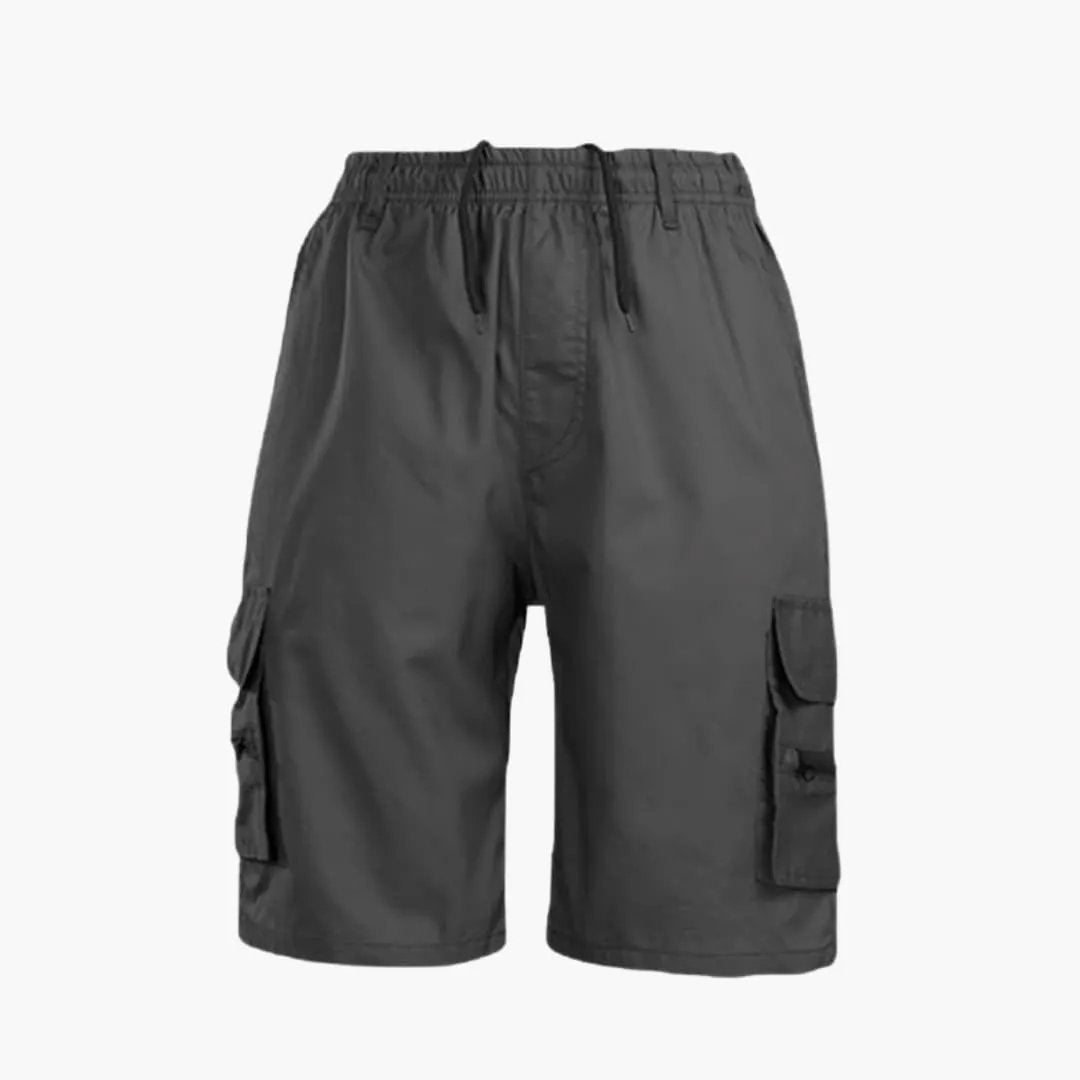 Men's knee-length cargo shorts in grey with drawstring waist and flap pockets