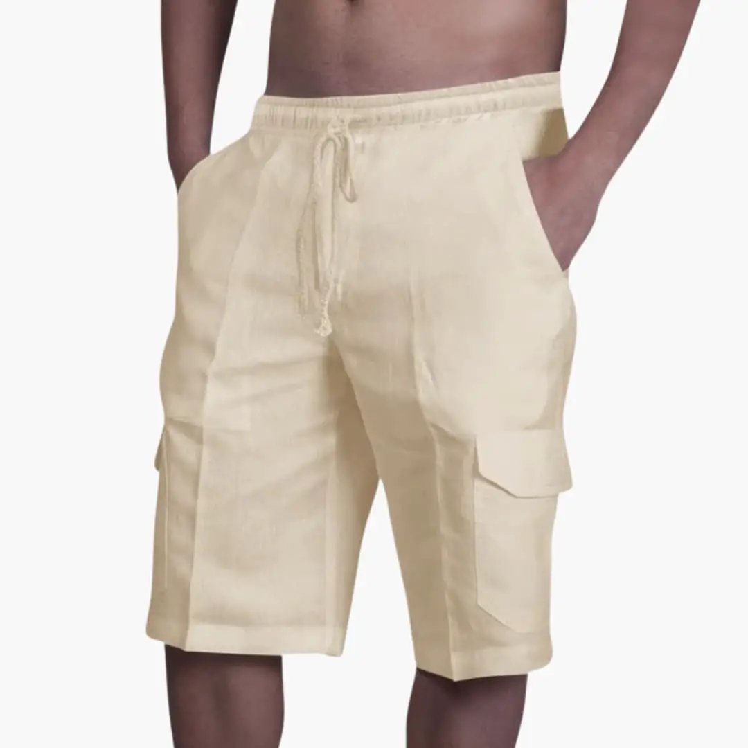 Men's cargo shorts by Wilfred Smith, beige knee-length with drawstring and multiple pockets