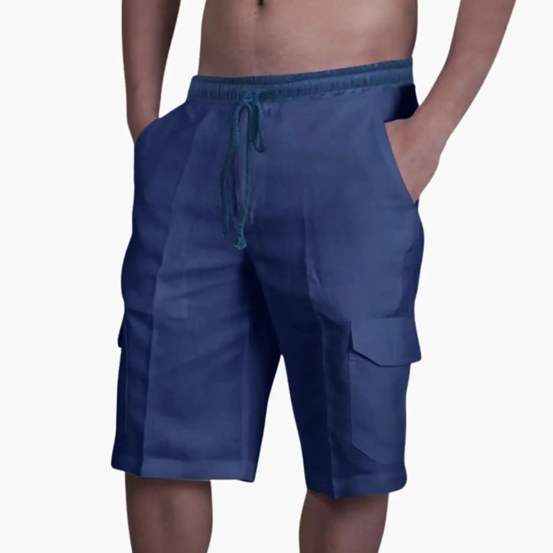 Men's cargo shorts in blue with drawstring waist and multiple pockets, knee-length.