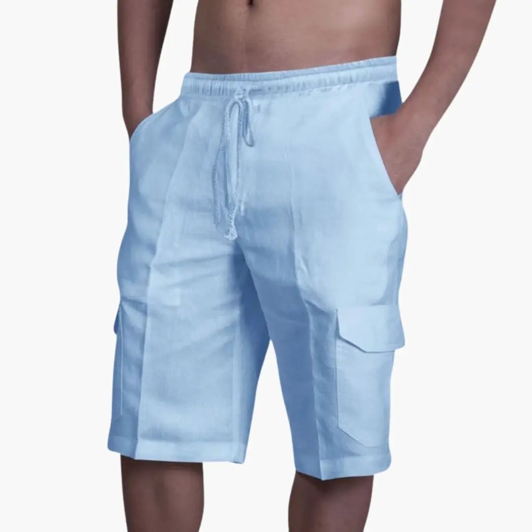 Men's cargo shorts with drawstring, light blue knee-length with multiple pockets.
