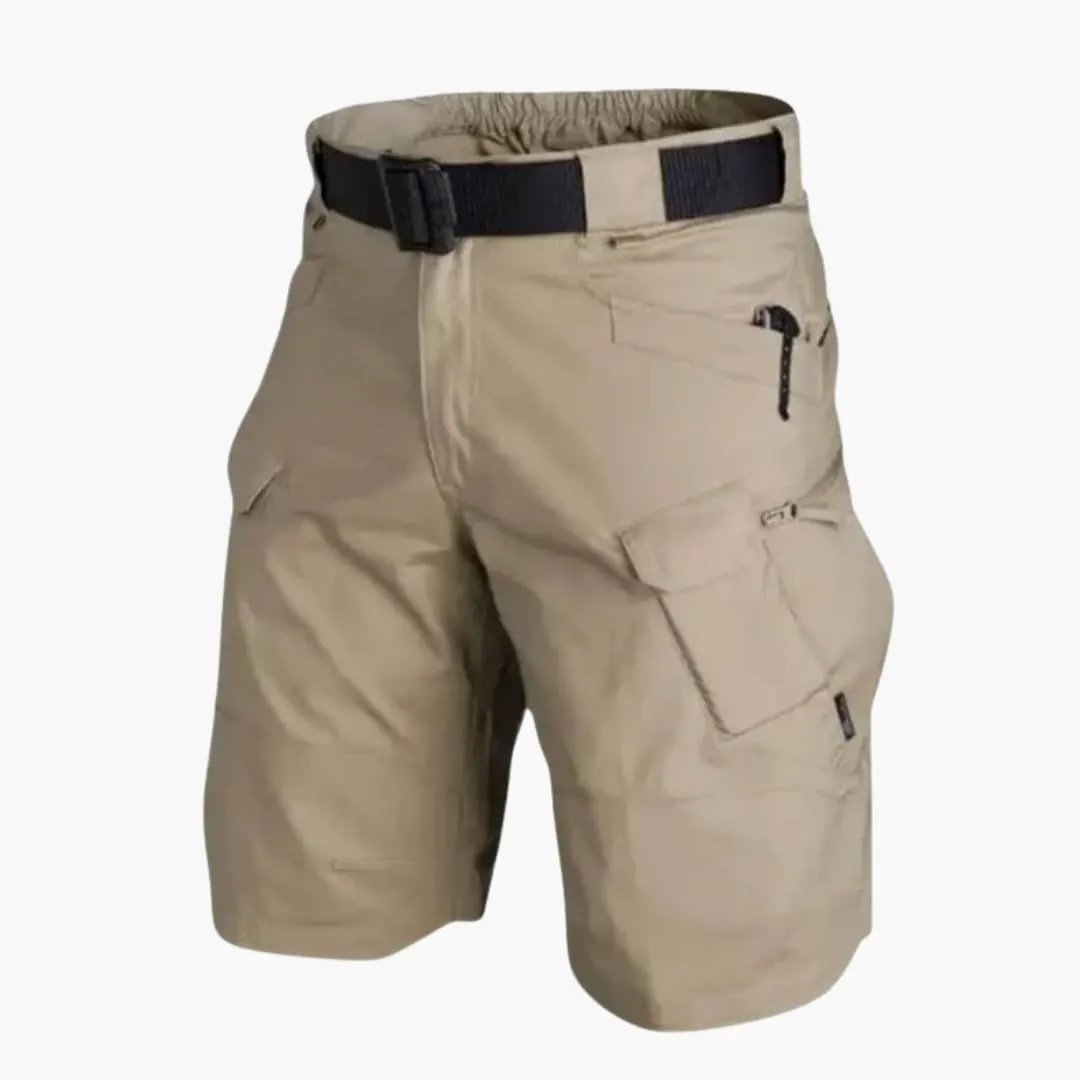 Men's cargo shorts with integrated belt by Wilfred Smith, khaki knee-length with zip and cargo pockets