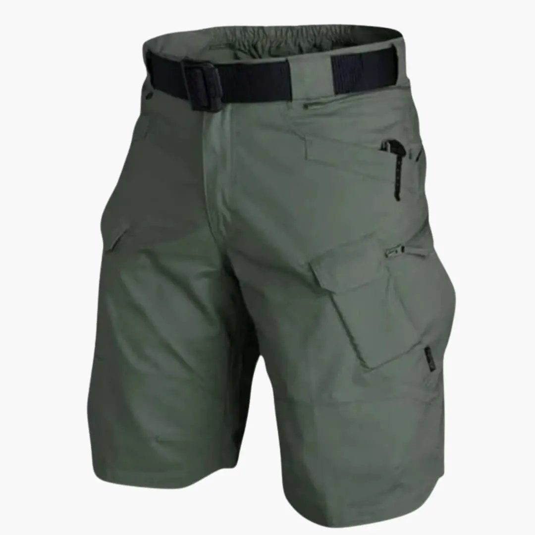 Men's cargo shorts with integrated belt and zip pockets, knee-length olive green
