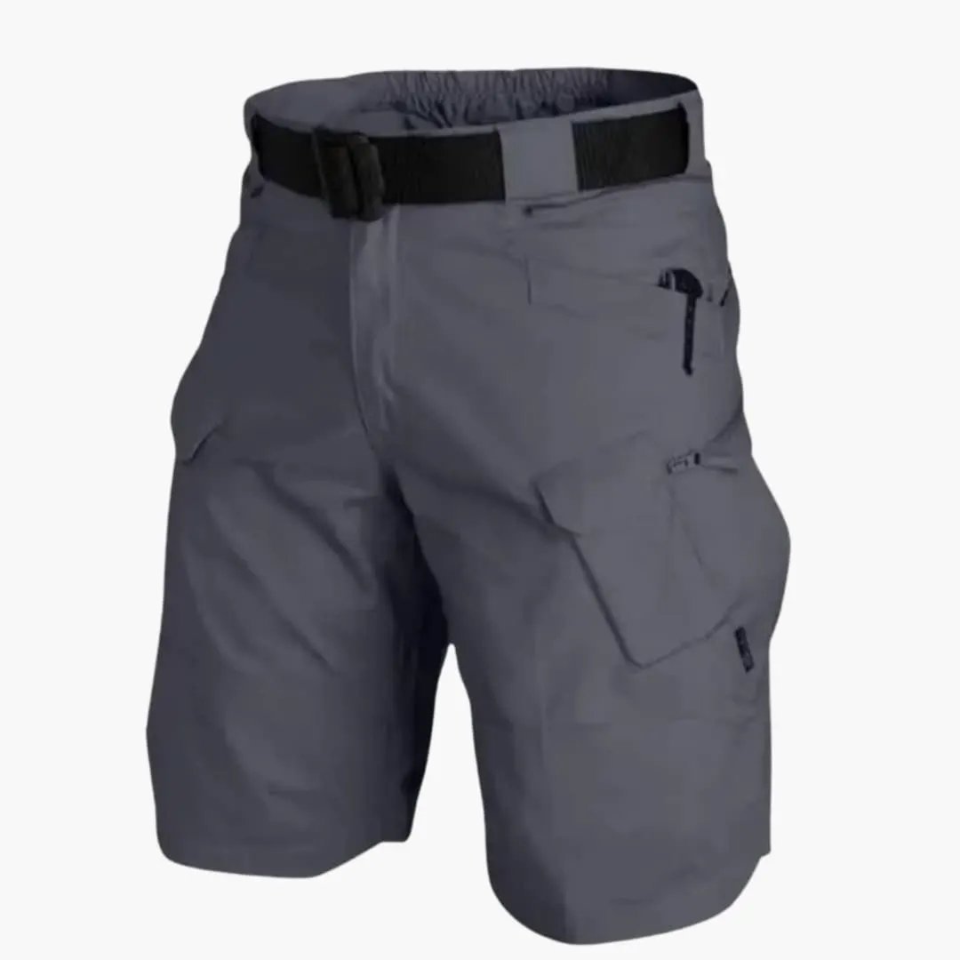 Men's cargo shorts with integrated belt, gray knee-length with zip pockets