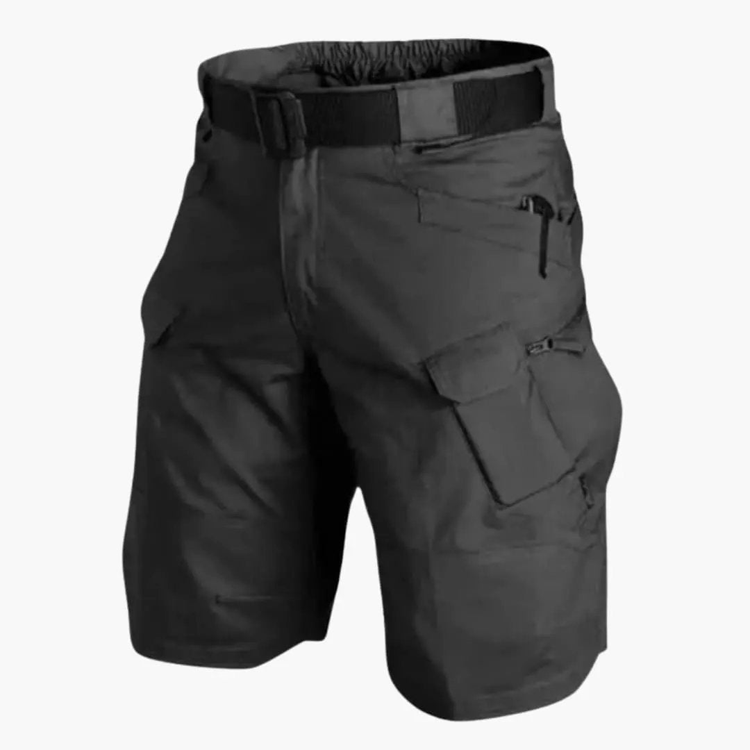 Men's cargo shorts by Wilfred Smith with integrated belt and zip pockets, knee-length, black.