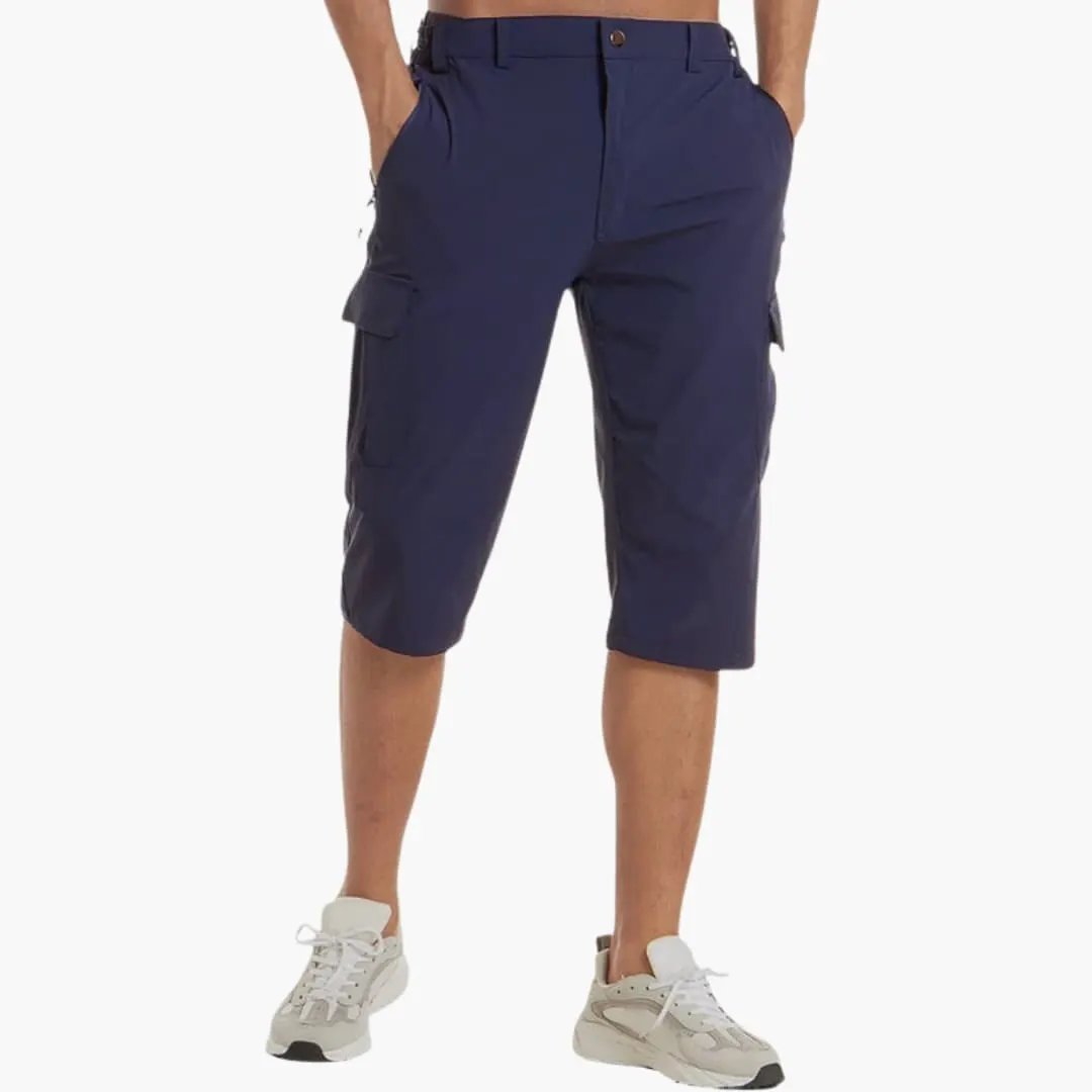 Men's cargo shorts in navy, knee-length with side cargo pockets