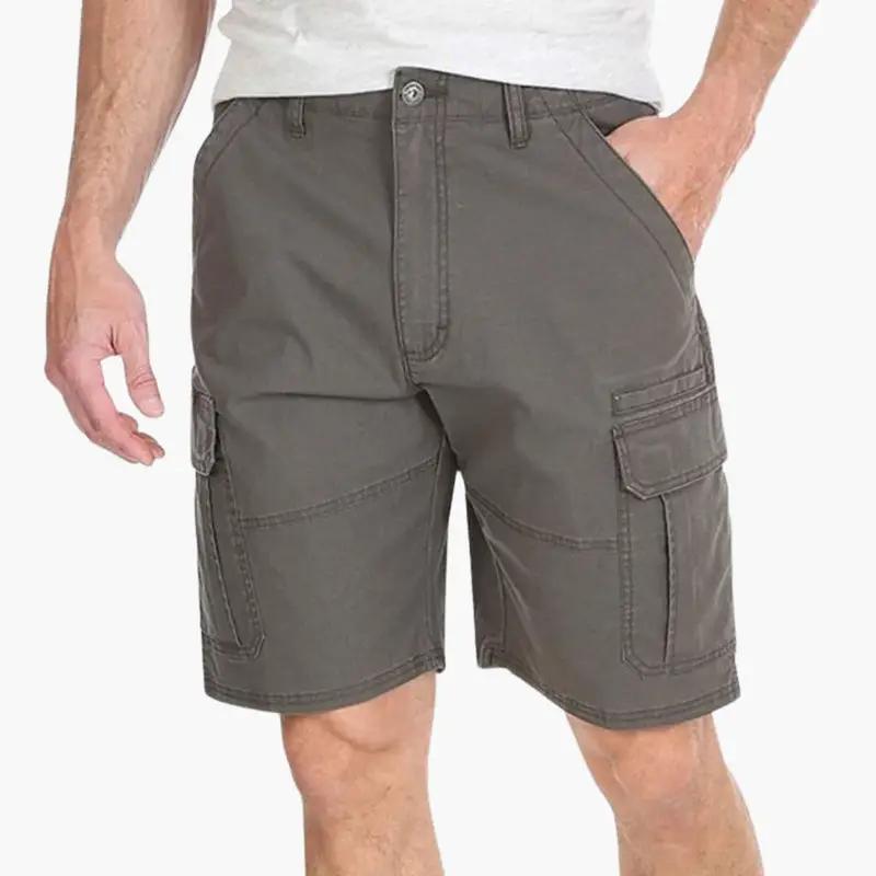 Men's cargo shorts, knee-length, olive-gray with zipper and flap pockets