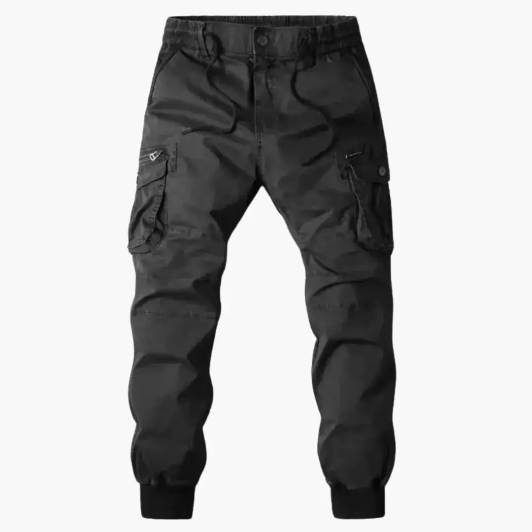 Men’s cargo trousers by Wilfred Smith, black with flap pockets and drawstring waist
