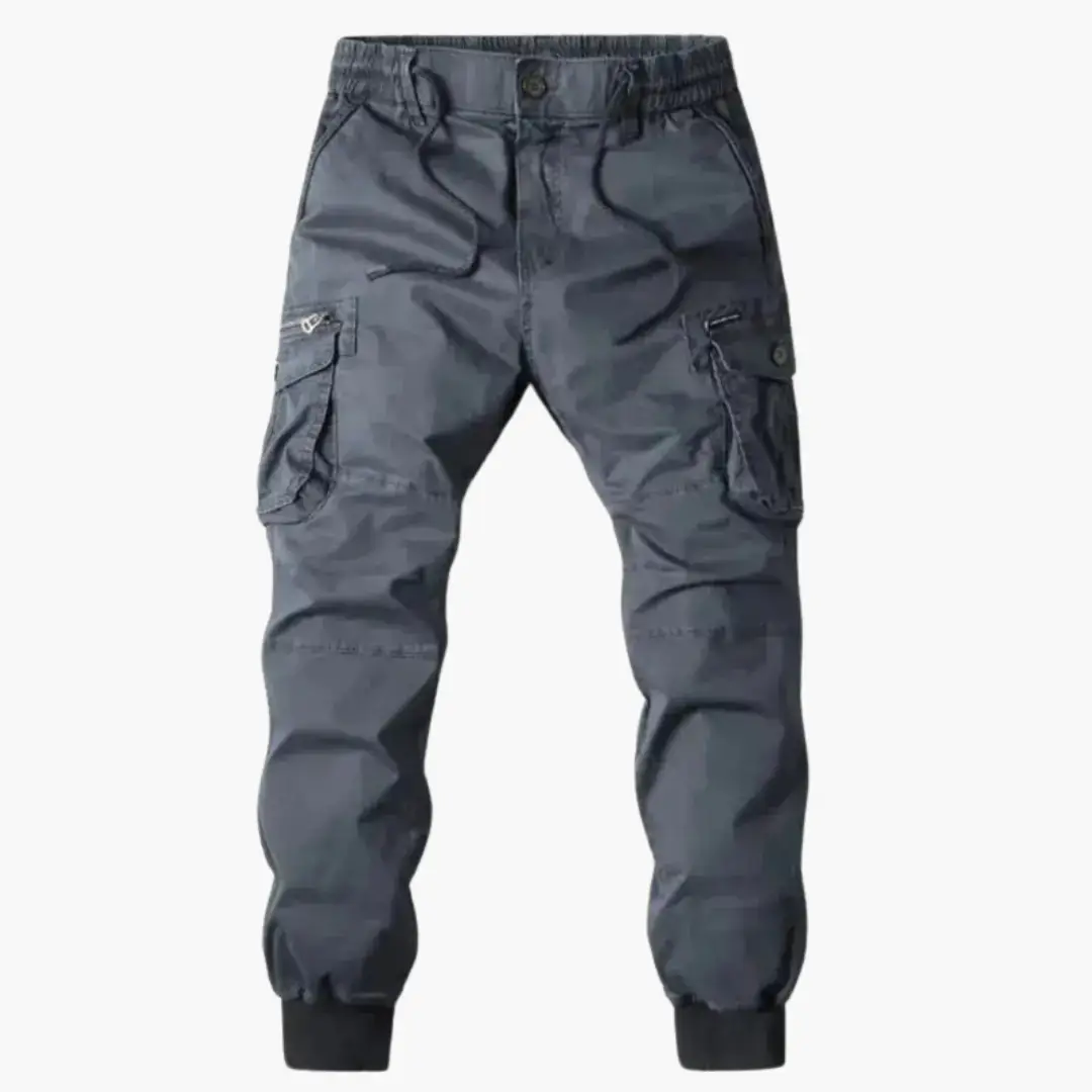Men's cargo trousers with drawstring waist and flap pockets in dark grey, elastic-cuffed cargo pants.