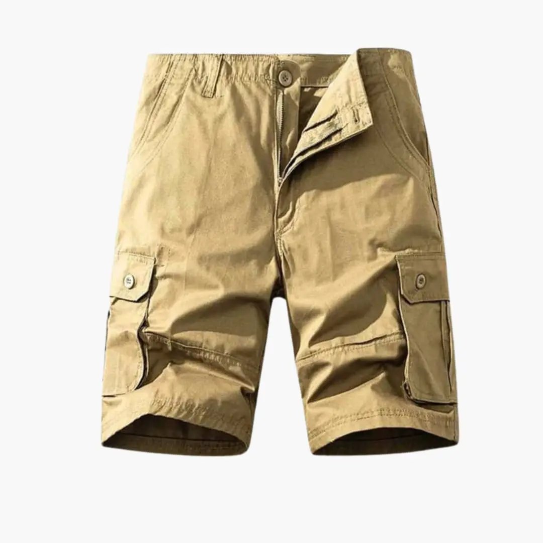 Men's cargo shorts in khaki cotton by Wilfred Smith with belt loops and flap pockets