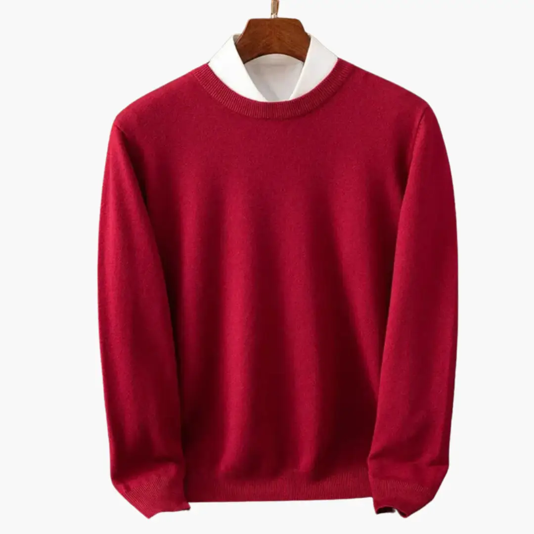 Men's Crew Neck Sweater by Wilfred Smith, red knit with long sleeves and ribbed edges.
