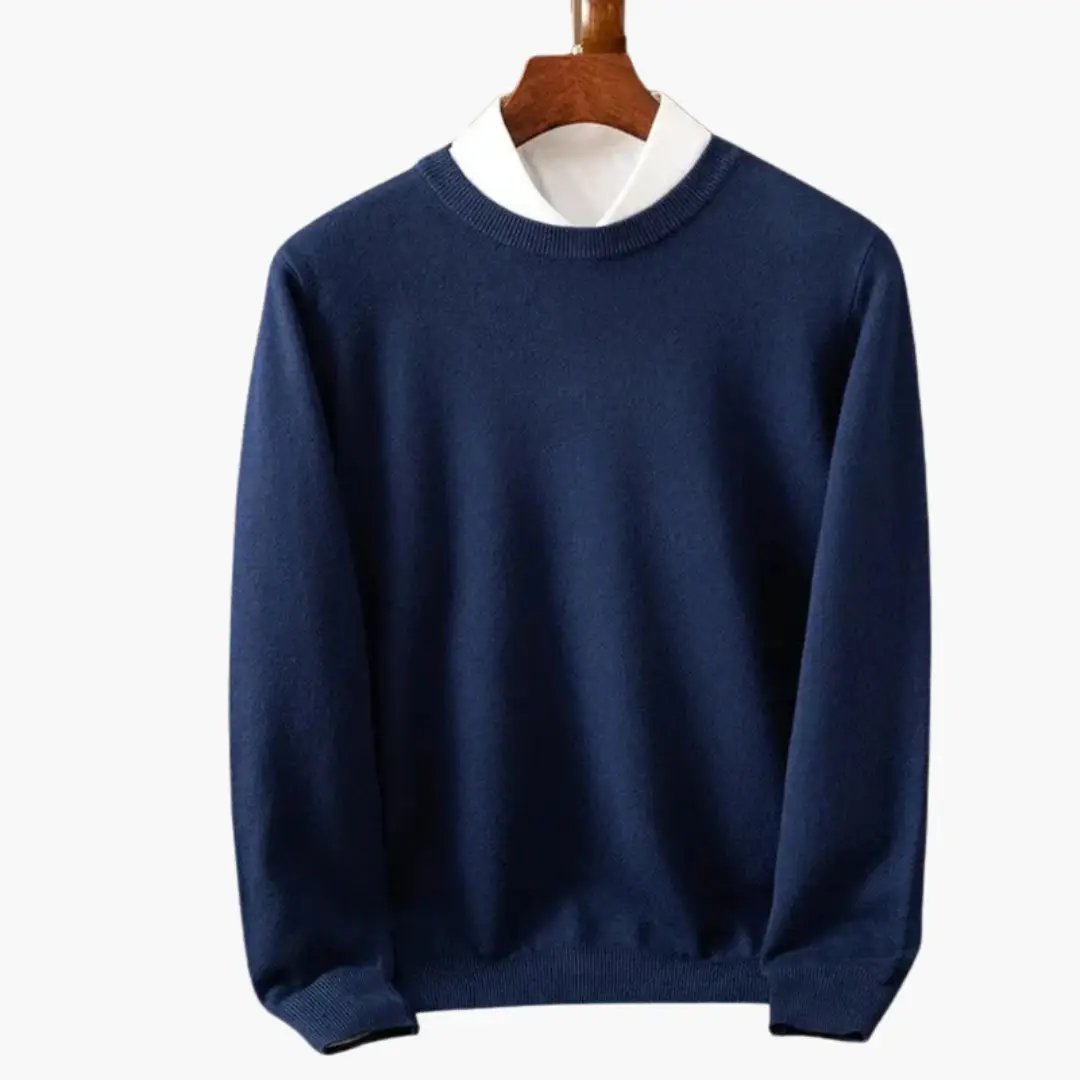 Men's crew neck sweater in navy blue with long sleeves and ribbed edges