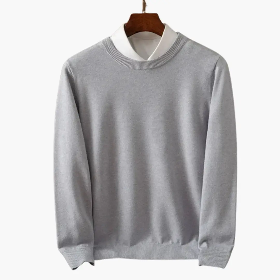 Men's crew-neck sweater gray knit with long sleeves and ribbed edges