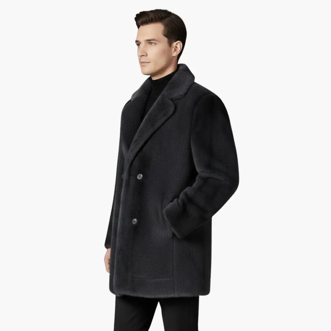Men’s Wilfred Smith faux fur coat in black with lapel collar and button front.