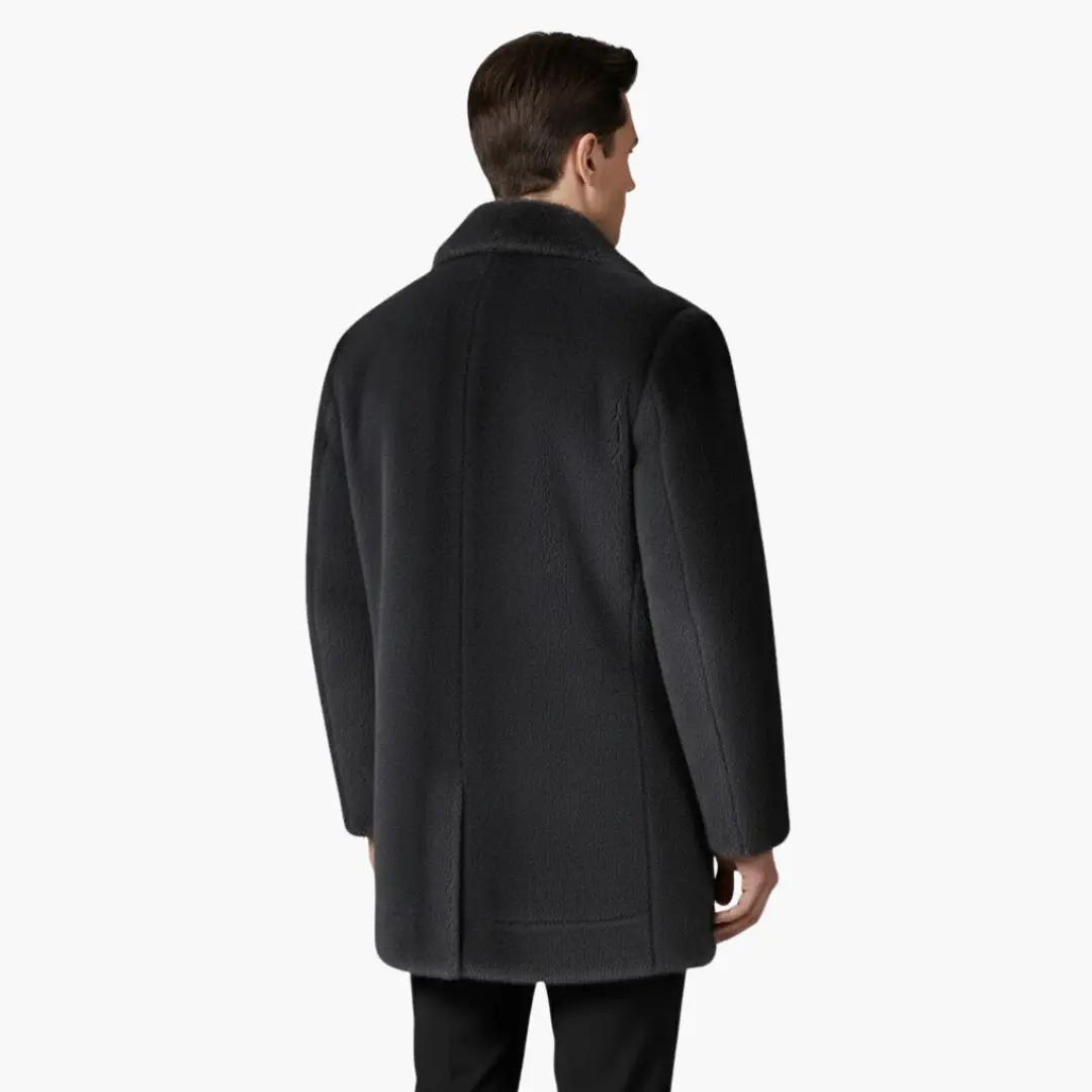 Men’s Wilfred Smith faux fur coat, black overcoat with lapel collar and button front