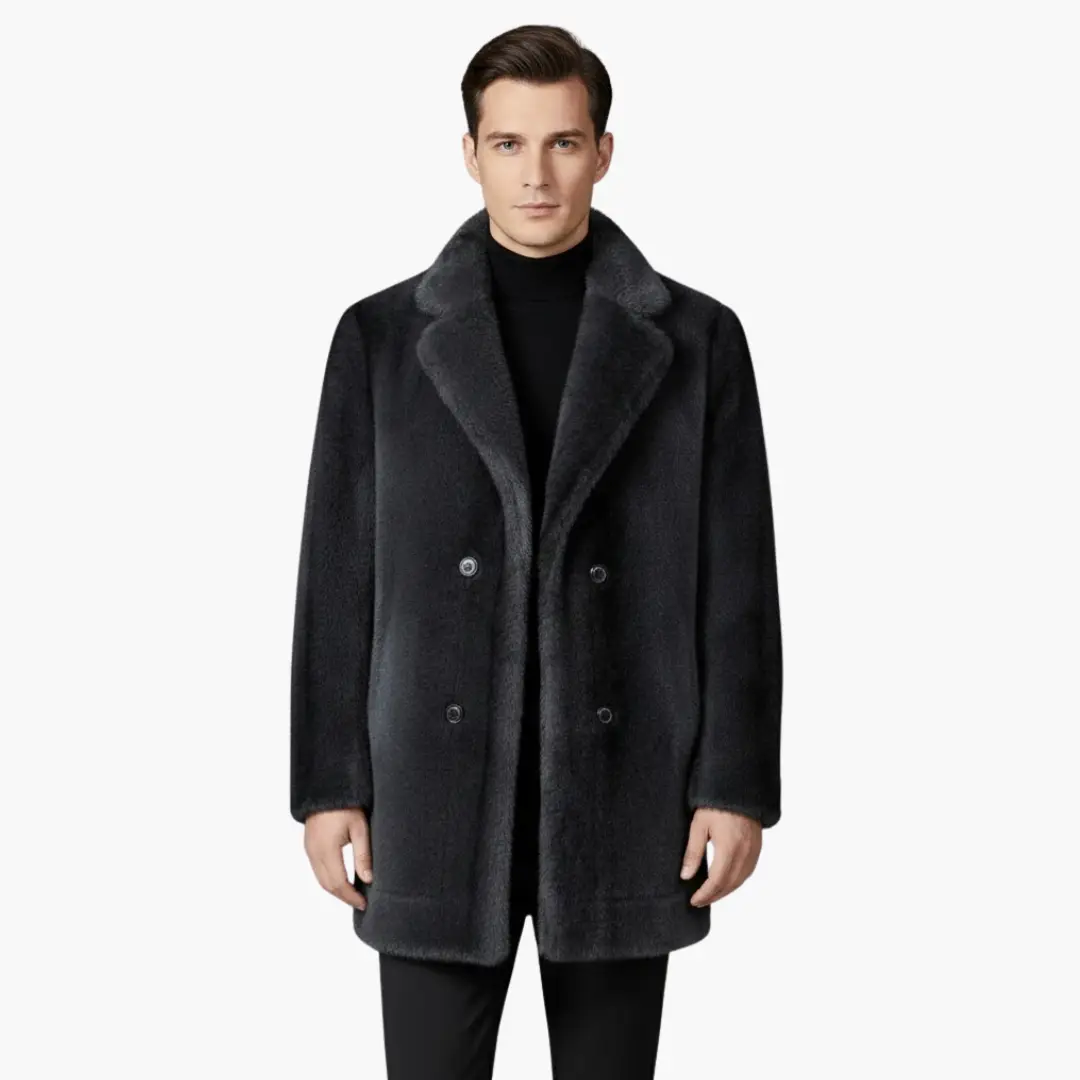 Men’s faux fur coat with lapel collar and double-breasted front in black by Wilfred Smith