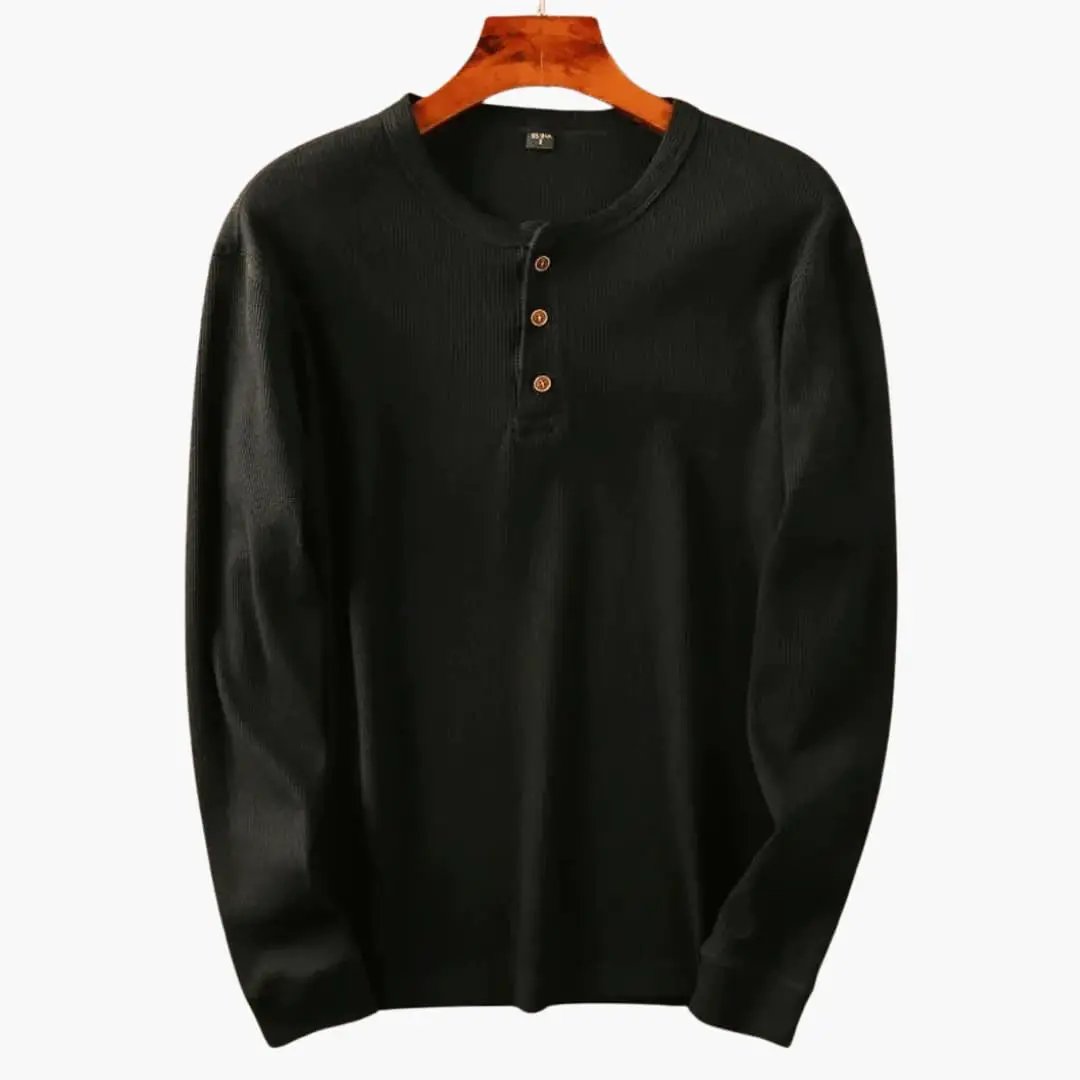 Men's Henley Long Sleeve Shirt in black with ribbed knit and button placket.