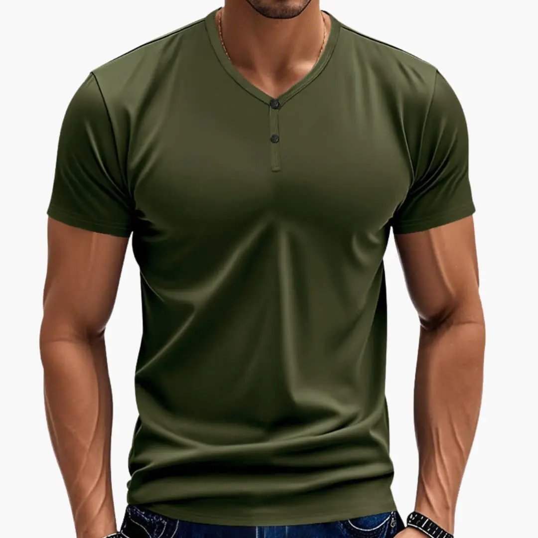 Men's Henley T-Shirt in olive green with V-neck and button placket