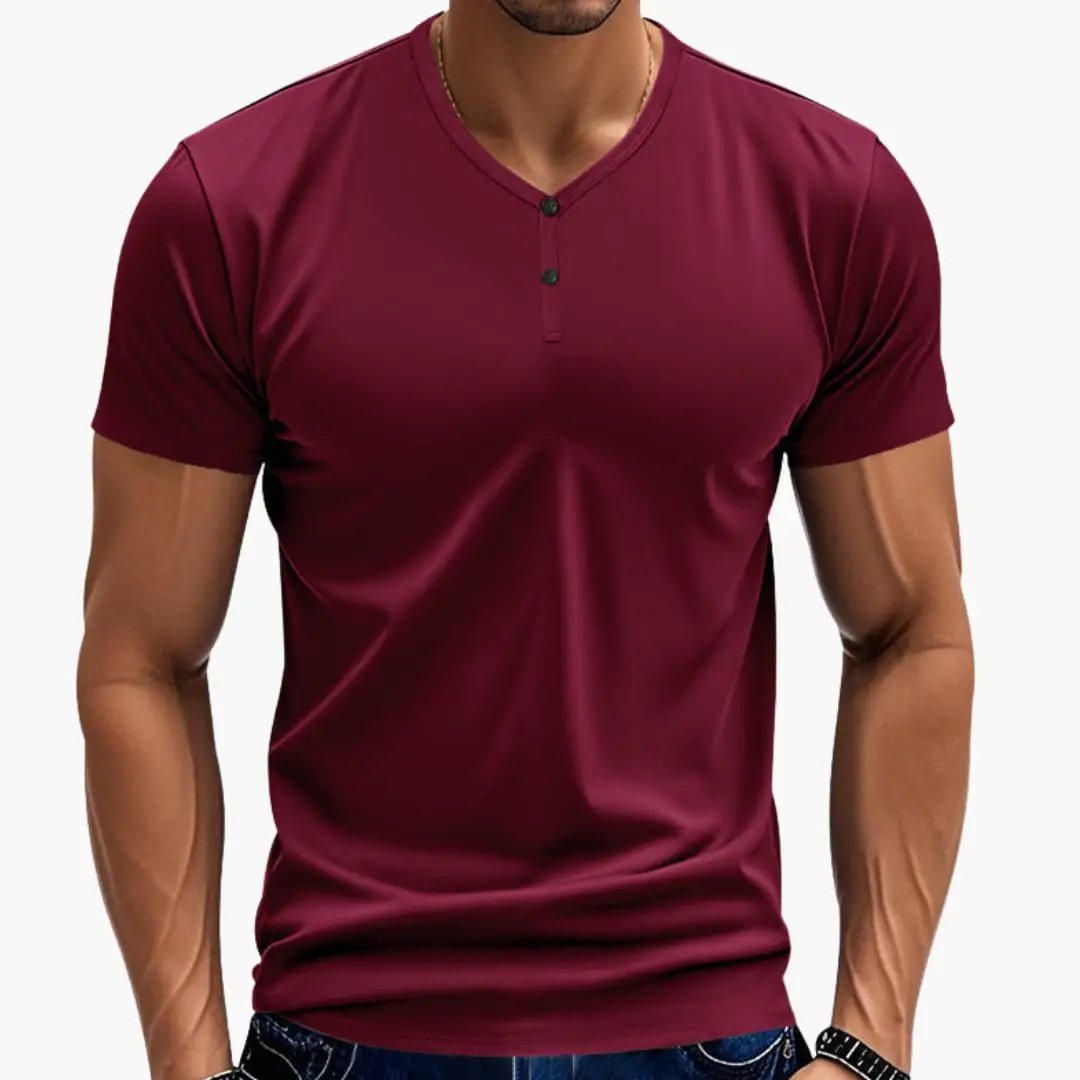 Men's Henley T-Shirt in burgundy with short sleeves and a two-button V-neck placket