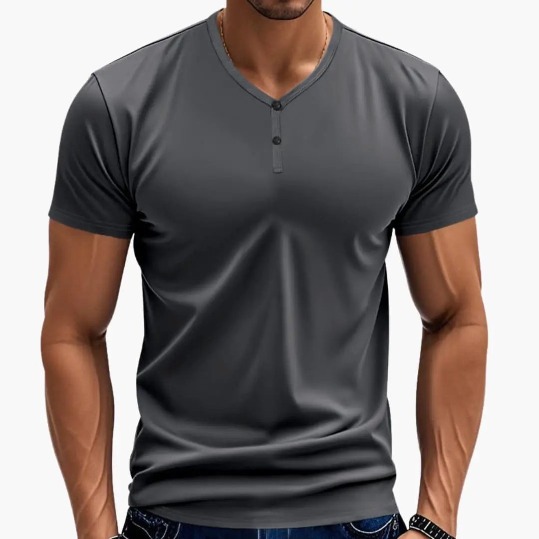 Men's Henley T-Shirt by Wilfred Smith in charcoal gray with textured V-neck and two-button placket.