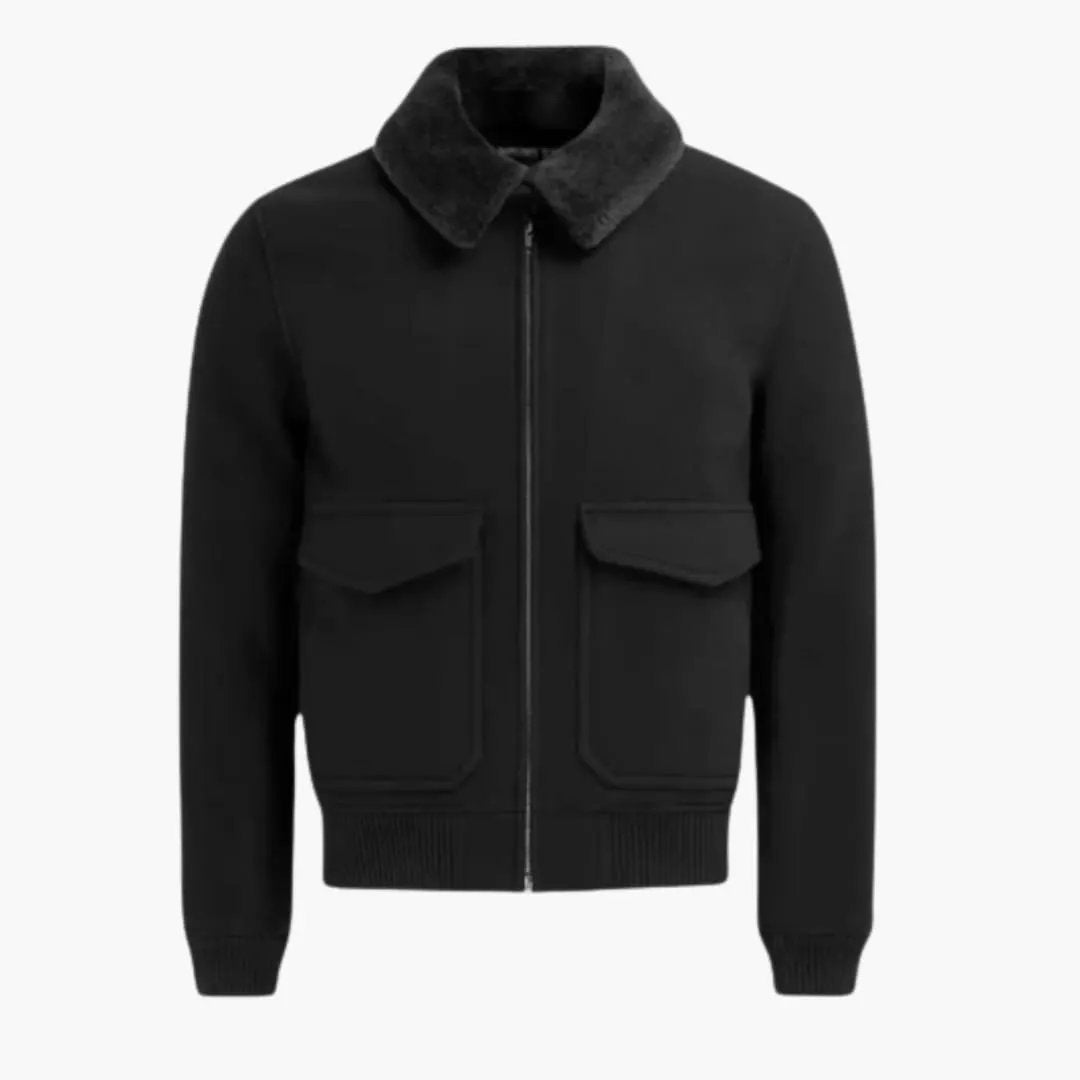 Men's hip-length bomber jacket in black with a faux shearling collar, front zip, and two front flap pockets.