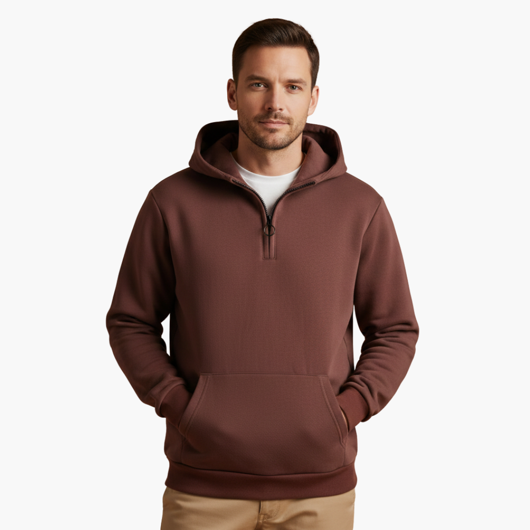 Men's hoodie with half-zip and front pocket in brown